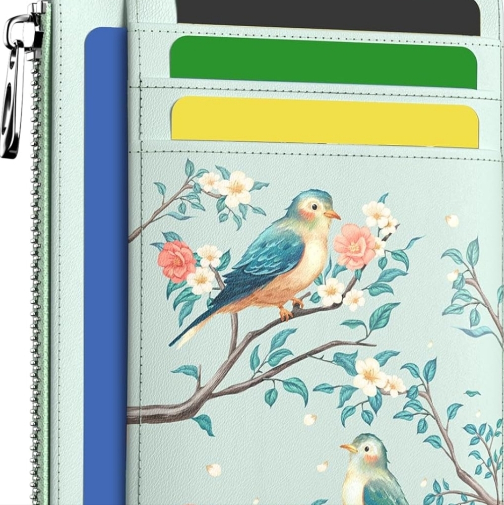 Floral Bird Print Wallet with D-Shackle